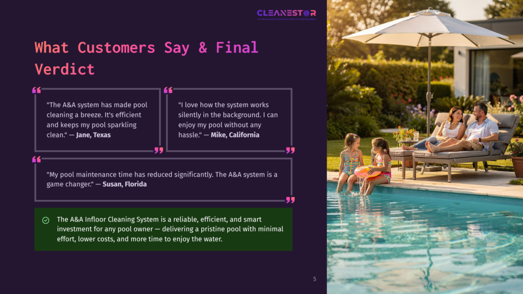 5 What Customers Say And Final Verdict A Happy Family Relaxes By A Sparkling Blue Swimming Pool On A Sunny Day, With Lounge Chairs And Umbrellas Under A Large Tree In The Background.