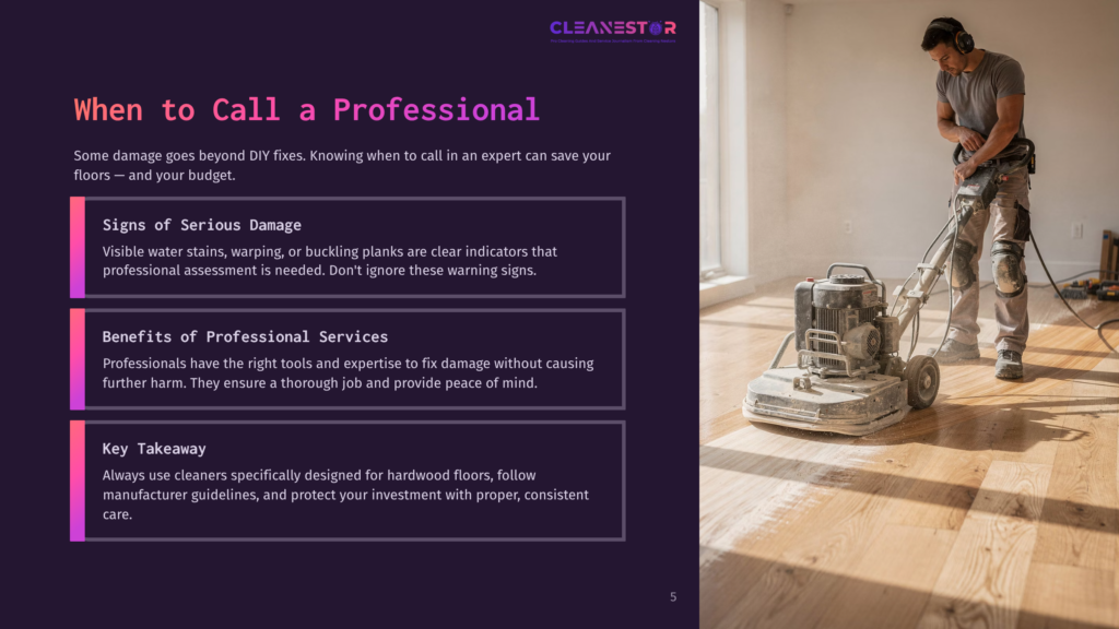 A Professional Floor Sander Buffs A Wooden Floor, With A &Quot;Cleanestar&Quot; Logo In The Top Right Corner And Text Overlay About When To Call A Professional For Floor Repair.