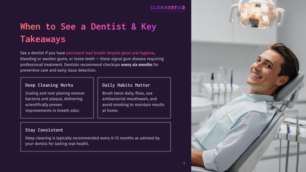 A Smiling Man In A Dentist'S Chair, Wearing A Blue Dental Bib, Looks At The Camera. The Clinic'S Modern Interior Is Visible In The Background, With A Quote About Dental Health Displayed On The Left.
