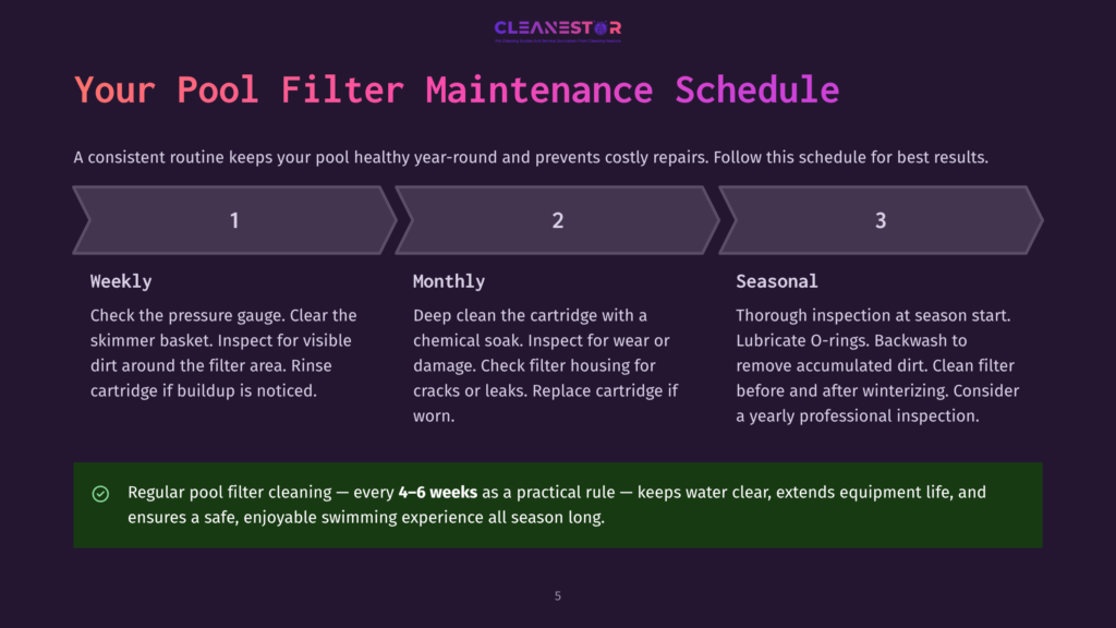 5 Your Pool Filter Maintenance Schedule A Graphic Illustrating A Pool Filter Maintenance Schedule With Three Steps: Weekly, Monthly, And Seasonal, Detailing Tasks For Each Period.