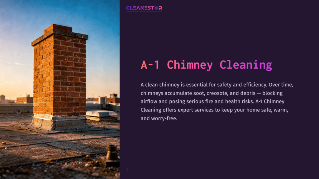 A Brick Chimney Stands On A Rooftop At Sunset, With The Text &Quot;A-1 Chimney Cleaning&Quot; Visible On The Right.