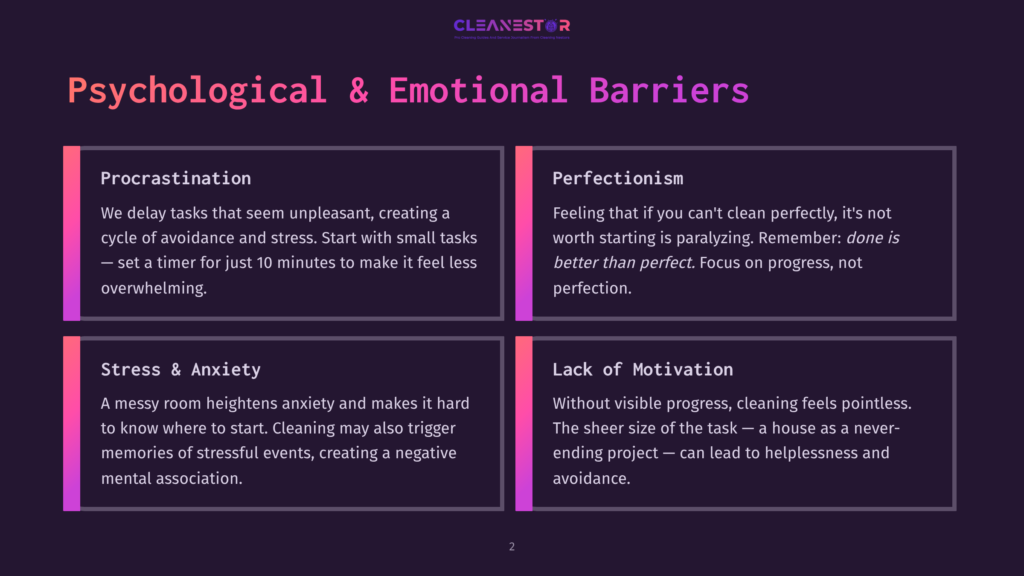 2 Psychological And Emotional Barriers Dark Background With Four Purple Boxes Detailing Psychological And Emotional Barriers To Cleaning: Procrastination, Perfectionism, Stress &Amp; Anxiety, And Lack Of Motivation. The Cleanestor Logo Is At The Top.