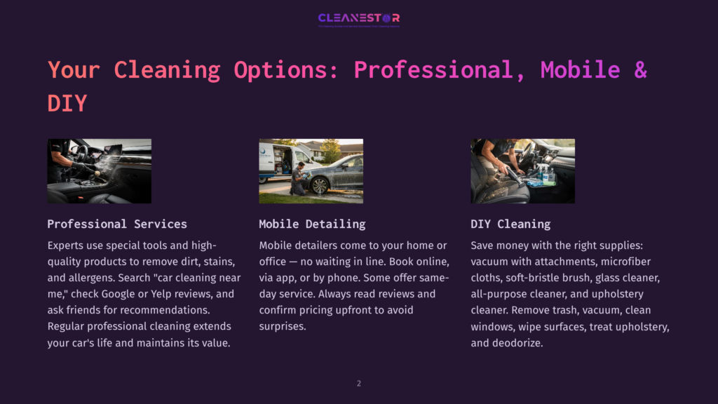 2 Your Cleaning Options Professional Mobile And Diy Professional Car Cleaning Services: Expert Detailing, Mobile Car Wash, And Diy Cleaning Tips. Includes Images Of Interior Detailing, Exterior Car Wash, And Cleaning Supplies.