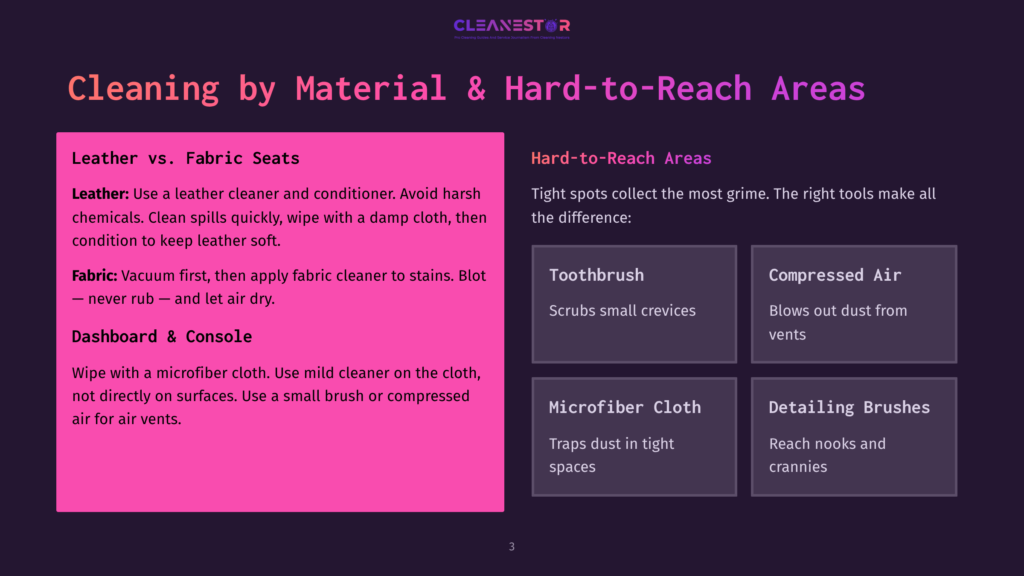 3 Cleaning By Material And Hard To Reach Areas Slide Titled &Quot;Cleaning By Material &Amp; Hard-To-Reach Areas&Quot; With Sections On Leather Vs. Fabric Seats And Hard-To-Reach Areas, Detailing Cleaning Tips For Car Interiors.