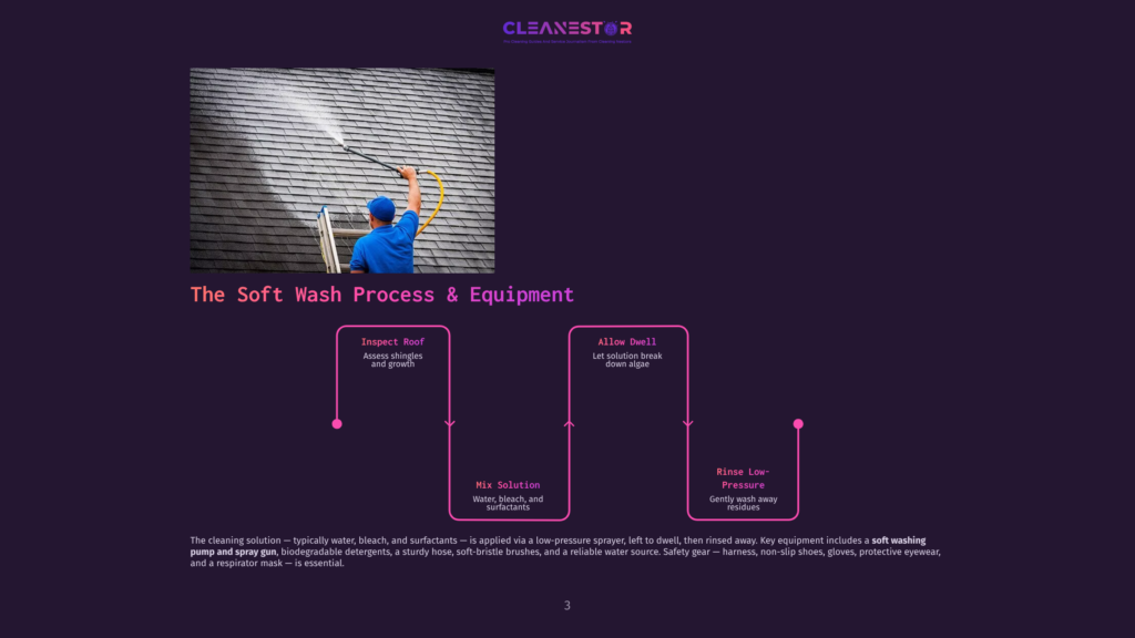 A Person In A Blue Shirt And Jeans On A Ladder Sprays A Roof With A Pressure Washer, Illustrating The &Quot;The Soft Wash Process &Amp; Equipment&Quot; Diagram With Steps Like &Quot;Inspect Roof,&Quot; &Quot;Mix Solution,&Quot; &Quot;Allow Dwell,&Quot; And &Quot;Rinse Low-Pressure.