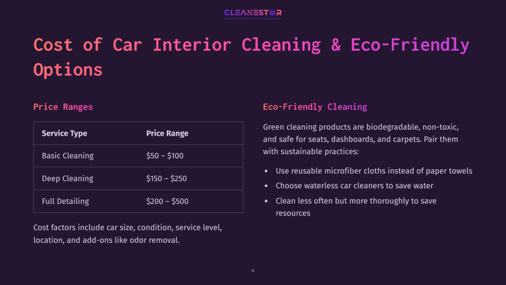 4 Cost Of Car Interior Cleaning And Eco Friendly Options Cleanestor Logo And Text: &Quot;Cost Of Car Interior Cleaning &Amp; Eco-Friendly Options.&Quot; Below, A Table Lists Service Types (Basic, Deep, Full Detailing) With Price Ranges, And Eco-Friendly Cleaning Tips Are Provided.