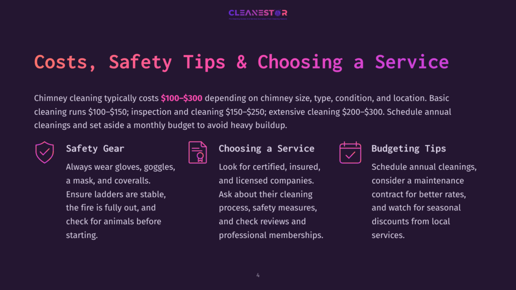Graphic With Text: &Quot;Costs, Safety Tips &Amp; Choosing A Service.&Quot; Sections Cover Safety Gear, Choosing A Service, And Budgeting Tips For Chimney Cleaning.