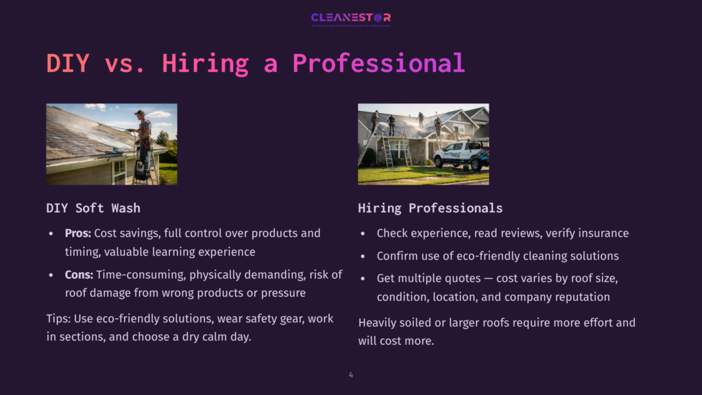 Diy Soft Wash: A Person On A Ladder Washes A Roof With A Pressure Washer, While Hiring Professionals: A Team Of Roof Cleaners Works On A House Roof With A Truck In The Driveway.