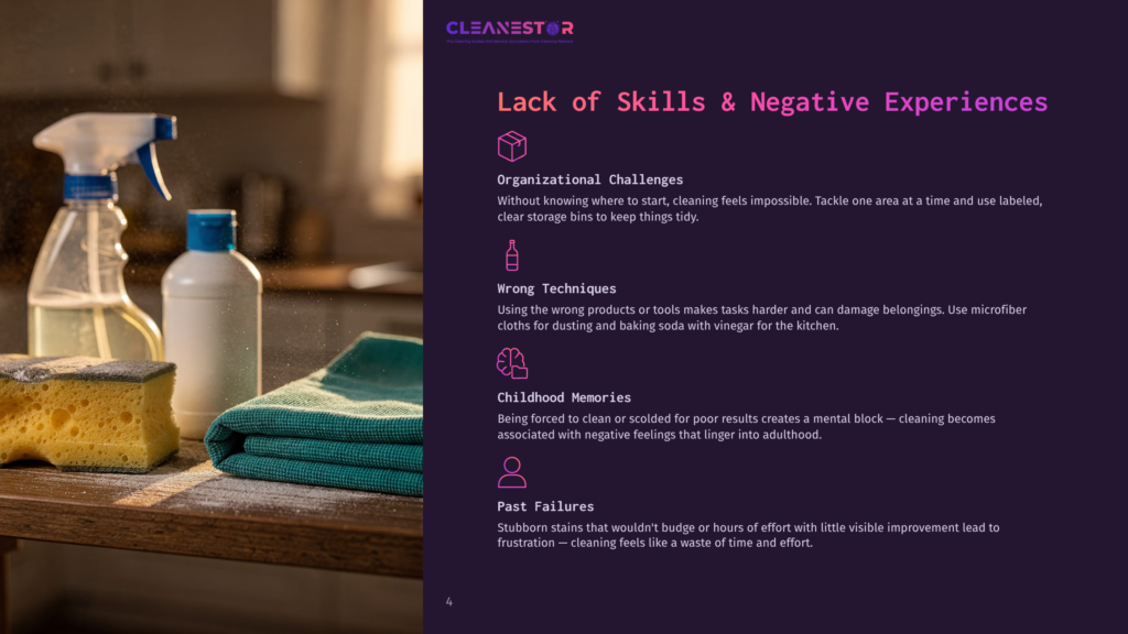 4 Lack Of Skills And Negative Experiences Cleanestor Logo With Text &Quot;Lack Of Skills &Amp; Negative Experiences,&Quot; Featuring Icons For Organizational Challenges, Wrong Techniques, Childhood Memories, And Past Failures.