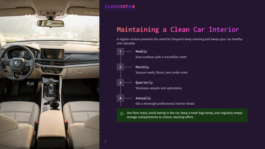 5 Maintaining A Clean Car Interior A Clean Car Interior With Light Beige Leather Seats, A Modern Dashboard, And A Central Infotainment Screen. Text On The Right Lists Car Interior Maintenance Tips: &Quot;Cleanestor,&Quot; &Quot;Maintaining A Clean Car Interior,&Quot; &Quot;Weekly,&Quot; &Quot;Monthly,&Quot; &Quot;Quarterly,&Quot; And &Quot;Annually.