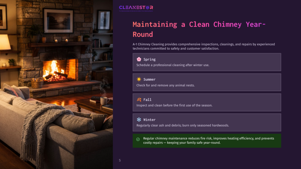 A Cozy Living Room Scene With A Crackling Fireplace, A Plush Sofa, And A Coffee Table, Next To A Graphic About Maintaining A Clean Chimney Year-Round, Highlighting Spring, Summer, Fall, And Winter Tips.