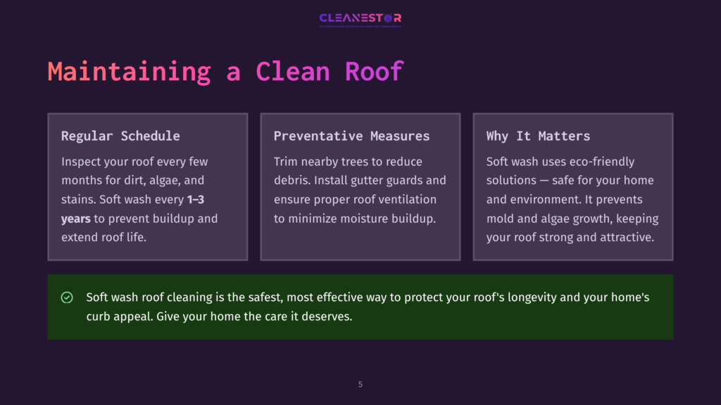 Cleanestor Logo At The Top. The Image Is A Graphic With Three Columns: &Quot;Regular Schedule,&Quot; &Quot;Preventative Measures,&Quot; And &Quot;Why It Matters,&Quot; Detailing Roof Cleaning And Maintenance. Below, A Green Banner States: &Quot;Soft Wash Roof Cleaning Is The Safest, Most Effective Way To Protect Your Roof&Amp;Apos;S Longevity And Your Home&Amp;Apos;S Curb Appeal. Give Your Home The Care It Deserves.