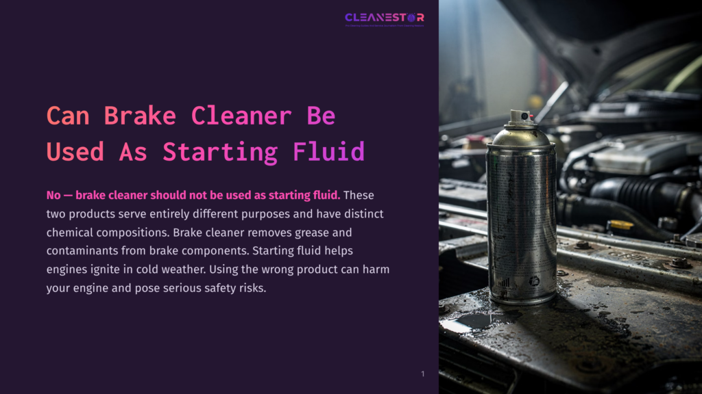 A Can Of Brake Cleaner Sits On A Wet Engine Block, With The Text &Quot;Cleanestor&Quot; Visible. The Background Shows A Car Engine Bay, Suggesting Automotive Maintenance.
