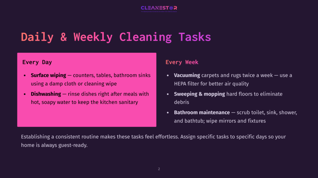 A Presentation Slide Titled &Quot;Daily &Amp; Weekly Cleaning Tasks&Quot; From Cleanestor, Listing Tasks For &Quot;Every Day&Quot; And &Quot;Every Week,&Quot; With A Dark Purple Background.