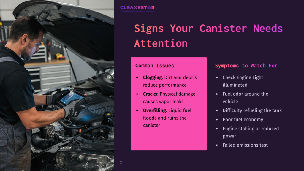 2 Signs Your Canister Needs Attention Mechanic In Gray Overalls Uses A Diagnostic Tablet To Inspect A Car Engine Under The Hood. Text Overlay Reads &Quot;Signs Your Canister Needs Attention&Quot; And Lists Common Issues And Symptoms.