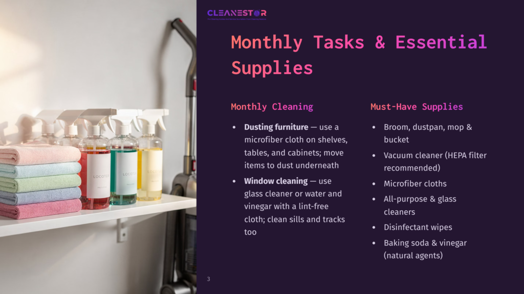 A Shelf Displays Cleaning Supplies Including Spray Bottles And Microfiber Cloths, With A Vacuum Cleaner In The Background. Text On The Shelf Reads &Quot;Cleanestor&Quot; And &Quot;Monthly Tasks &Amp; Essential Supplies&Quot;.
