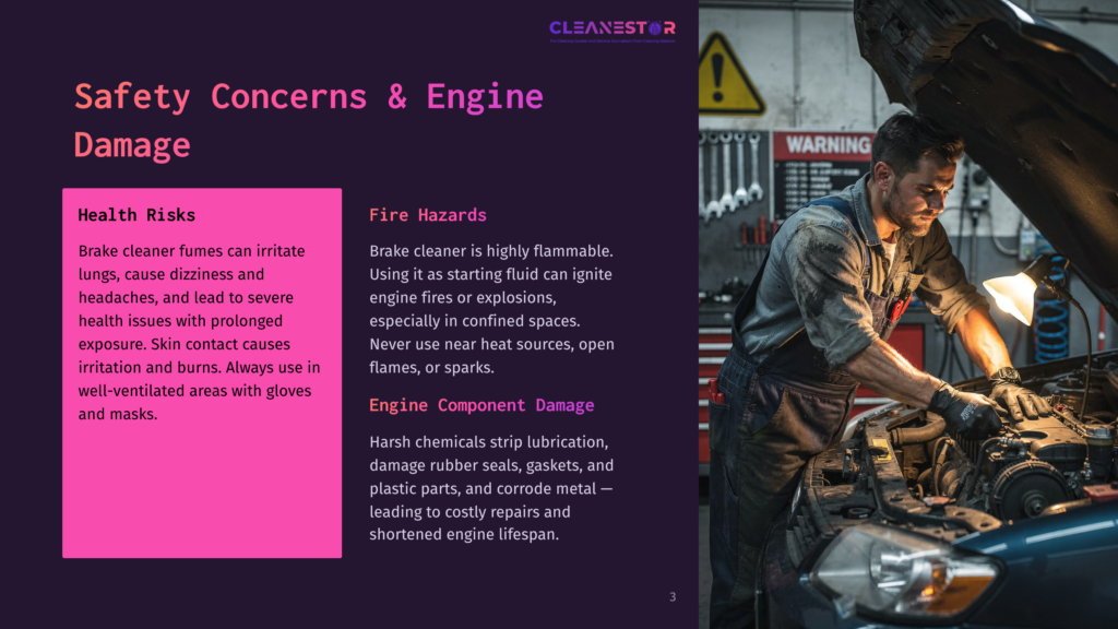 Mechanic In Blue Overalls Works On A Car Engine Under A Bright Lamp, With A &Quot;Warning&Quot; Sign In The Background. The Image Highlights Safety Concerns And Hazards Associated With Engine Cleaning.