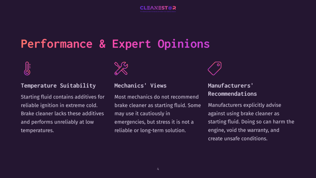 Performance &Amp; Expert Opinions Slide With Icons For Temperature, Mechanics, And Manufacturers' Recommendations. Text Discusses Brake Cleaner Suitability And Risks.