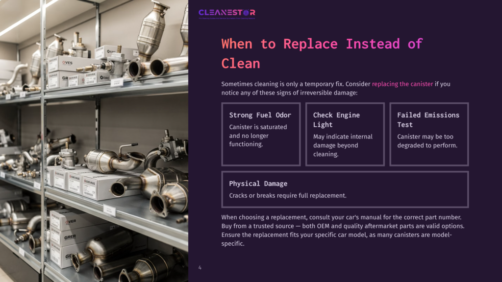 4 When To Replace Instead Of Clean A Retail Shelf Displays Various Automotive Catalytic Converters, With The Cleanestor Logo Prominently Visible. Text Overlays Discuss Catalytic Converter Replacement Vs. Cleaning.