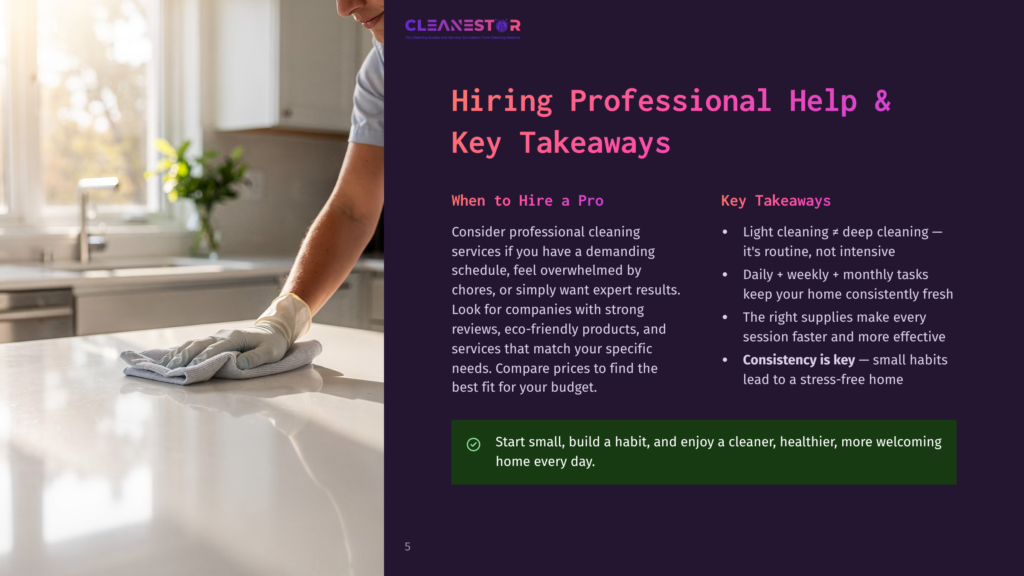 Cleanestor Logo And Text &Quot;Hiring Professional Help &Amp; Key Takeaways&Quot; Overlayed On An Image Of A Person Wearing White Gloves Cleaning A Countertop In A Bright, Sunlit Kitchen.