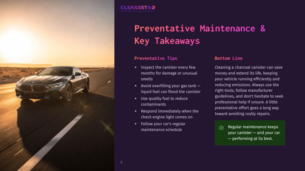 5 Preventative Maintenance And Key Takeaways A Sleek, Dark Grey Bmw M8 Convertible Drives Along A Desert Highway At Sunset. The Car'S Headlights Are On, Illuminating The Road Ahead As The Sun Casts A Warm, Golden Glow Over The Arid Landscape.
